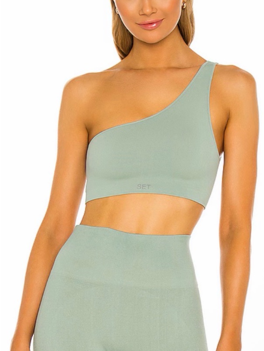 SET Active One-Shoulder Ribbed Sports Bra & High-Waist Leggings - Sage - Picture 1 of 5